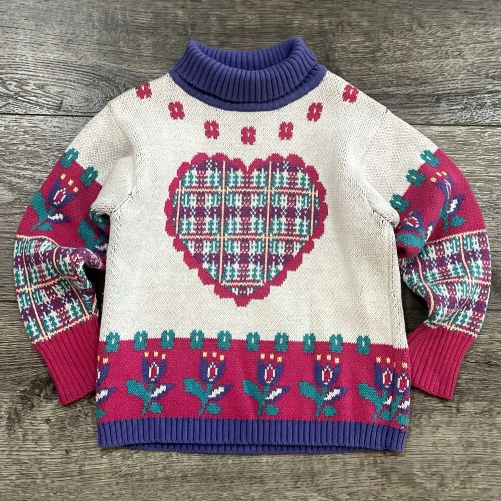 Vintage 90s Gymboree Rainbow Tag Sweater Plaid Heart Floral Cotton Girls Medium